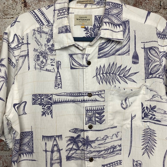 Quiksilver Waterman Collection Menʻs Aloha Shirt White/Blue Size Small - Picture 2 of 11